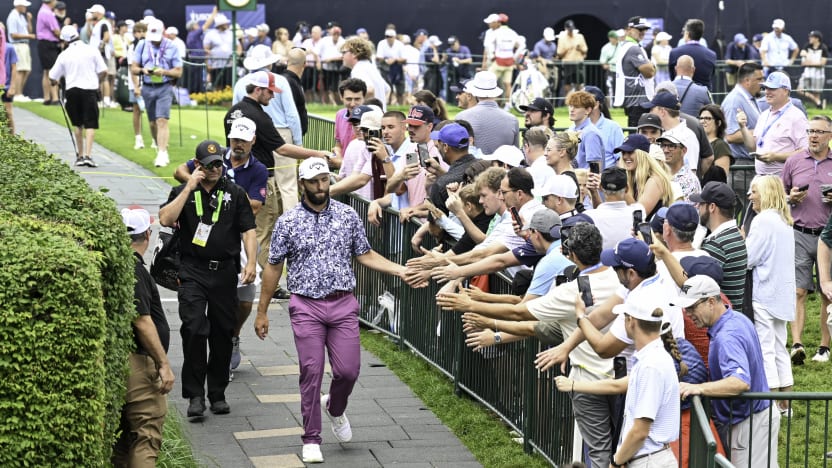 Captain Jon Rahm of Legion XIII high-fives fans on the 18th hole during the third round of the US Open at Oakmont Country Club on Saturday, June 14, 2025 in Oakmont, Pennsylvania. (Photo by Charles Laberge/LIV Golf)