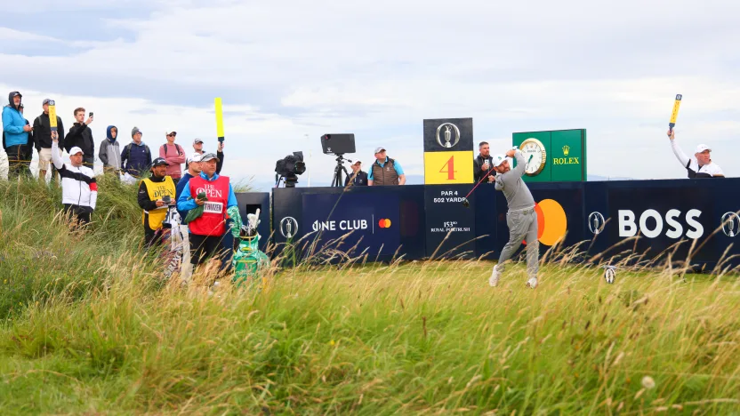 Captain Louis Oosthuizen of Stinger GC hits his shot from the fourth tee during the first round of The Open Championship at Royal Portrush Golf Club on Thursday, July 17, 2025 in Portrush, Northern Ireland. (Photo by Chris Trotman/LIV Golf)