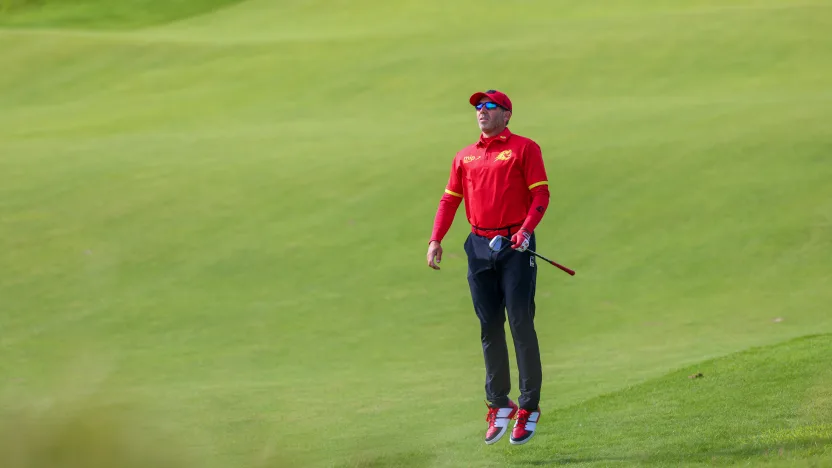 Captain Sergio Garcia of Fireballs GC jumps up on the fifth hole during the final round of The Open Championship at Royal Portrush Golf Club on Sunday, July 20, 2025 in Portrush, Northern Ireland. (Photo by Chris Trotman/LIV Golf)