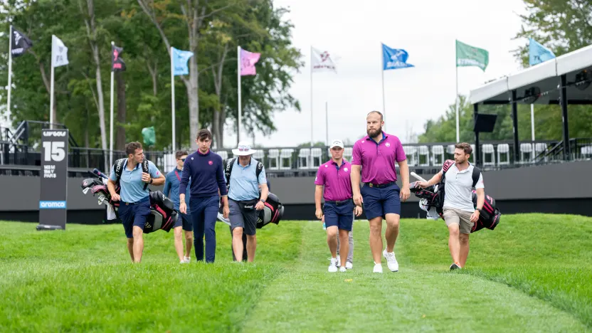 Tyrrell Hatton of Legion XIII and Caleb Surratt of Legion XIII walk down the 15th hole during the practice round before the start of LIV Golf Team Championship Michigan at The Cardinal at Saint John’s on Wednesday, August 20, 2025 in Plymouth, MIchigan. (Photo by Mateo Villalba/LIV Golf)