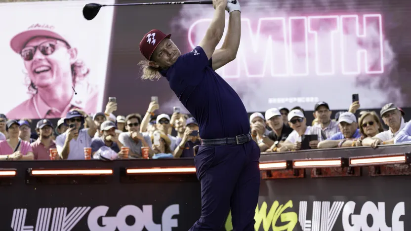 Captain Cameron Smith of Ripper GC hits his shot from the first tee during the second round of LIV Golf Andalucía at Real Club Valderrama on Saturday, July 12, 2025 in San Roque, Spain. (Photo by Jon Ferrey/LIV Golf)