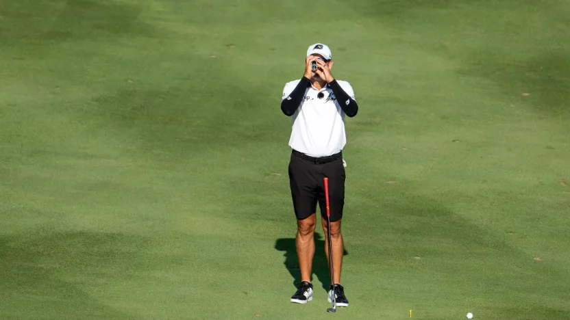 Captain Sergio Garcia of Fireballs GC reads yardage during the Duels Virginia before the start of LIV Golf Virginia at Robert Trent Jones Golf Club on Tuesday, June 03, 2025 in Gainesville, Virginia. (Photo by Charles Laberge/LIV Golf)