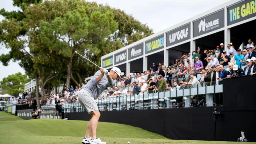 Brendan Steele of HyFlyers GC hits his shot from the 12th tee during the first round of LIV Golf Adelaide at the Grange Golf Club on Friday, April 26, 2024 in Adelaide, Australia. (Photo by Charles Laberge/LIV Golf)