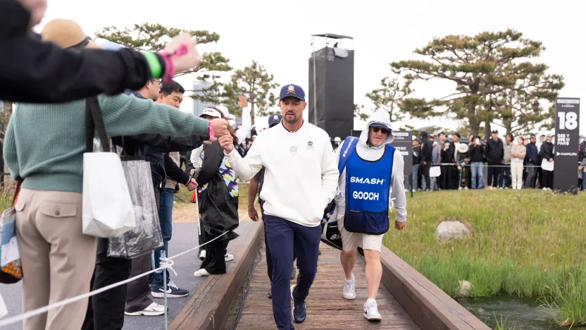 Captain Bryson DeChambeau of Crushers GC greets fans during the second round of LIV Golf Korea at Jack Nicklaus Golf Club on Saturday, May 03, 2025 in Incheon, South Korea. (Photo by Mateo Villalba/LIV Golf)