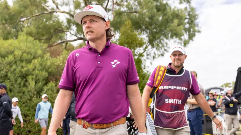 Captain Cameron Smith of Ripper GC and caddie, Sam Pinfold,  on the driving range during the final round of LIV Golf Adelaide at Grange Golf Club on Sunday, February 16, 2025 in Adelaide, Australia. (Photo by LIV Golf)