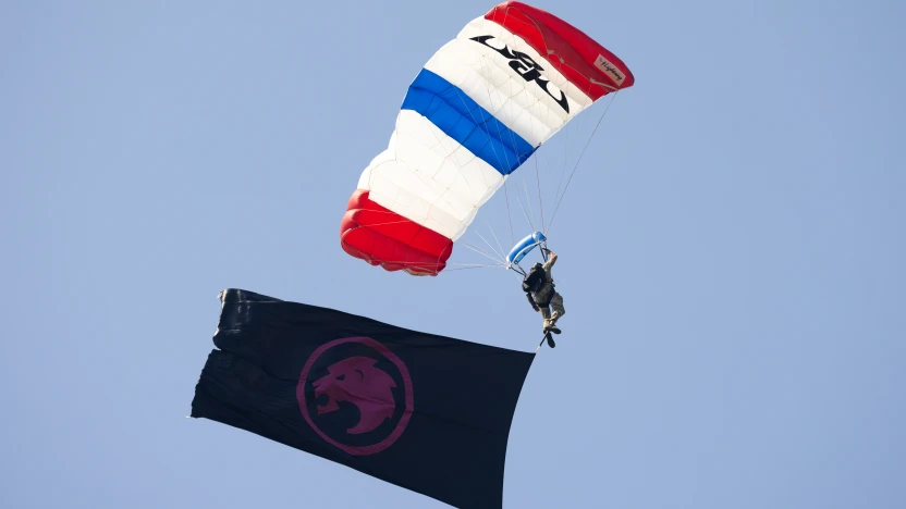 Frog X parachute is seen withe a Legion XIII GC flag during the first round of LIV Golf Chicago at Bolingbrook Golf Club on Friday, August 08, 2025 in Bolingbrook, Illinois. (Photo by LIV Golf)