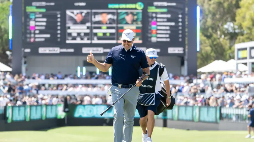 Captain Phil Mickelson of HyFlyers GC reacts to shot on the 12th hole during the first round of LIV Golf Adelaide at Grange Golf Club on Friday, February 14, 2025 in Adelaide, Australia. (Photo by Charles Laberge/LIV Golf)