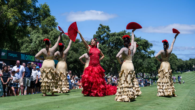Dancers are seen performing on the first tee prior to the start of the first round of LIV Golf Andalucía at Real Club Valderrama on Friday, July 11, 2025 in San Roque, Spain. (Photo by Matthew Harris/LIV Golf)