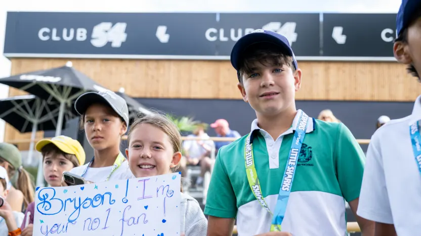 Fans are seen on the first tee during the second round of LIV Golf Andalucía at Real Club Valderrama on Saturday, July 12, 2025 in San Roque, Spain. (Photo by Charles Laberge/LIV Golf)