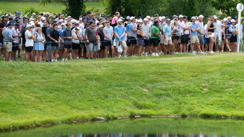 Fans are seen on the first hole during the final round of LIV Golf Indianapolis at The Club at Chatham Hills on Sunday, August 17, 2025 in Westfield, Indiana. (Photo by LIV Golf)