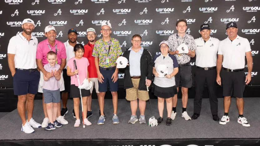 Captain Dustin Johnson of 4Aces GC, Harold Varner III of 4Aces GC, Pat Perez of 4Aces GC and Patrick Reed of 4Aces GC pose for a photo with participants during the Austin & Friends Clinic during the practice round before the start of LIV Golf Houston at Golf Club of Houston on Wednesday, June 05, 2024 in Humble, Texas. (Photo by Chris Trotman/LIV Golf)