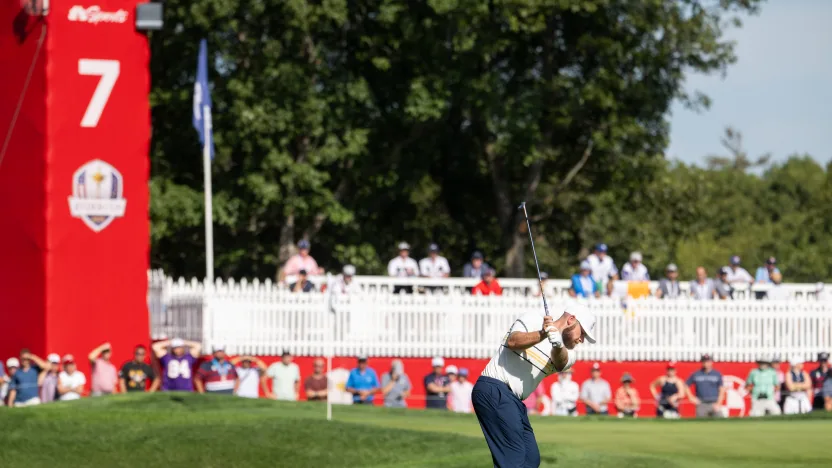 Tyrrell Hatton of Team Europe hits his shot on the seventh hole during the singles match play of the Ryder Cup at Bethpage Black Golf Course on Sunday, September 28, 2025 in Farmingdale, New York. (Photo by Charles Laberge/LIV Golf)