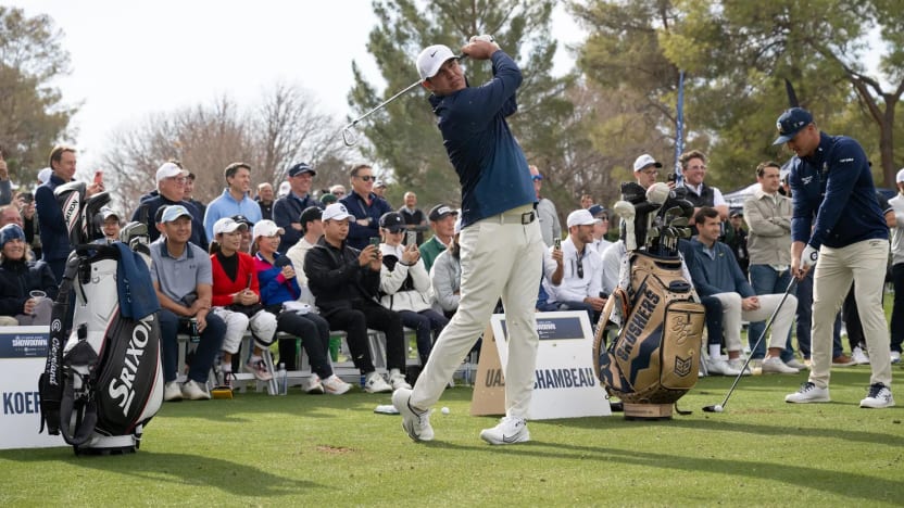 Captain Brooks Koepka of Smash GC and Captain Bryson DeChambeau of Crushers GC hit their shots on the driving range before the Showdown at the Shadow Creek Golf Course on Monday, Dec. 16, 2024 in Las Vegas, Nevada. (Photo by Montana Pritchard/LIV Golf)