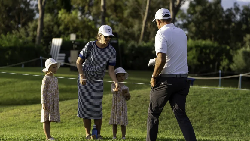Captain Phil Mickelson of HyFlyers GC fist bumps fans on the seventh hole during the first round of LIV Golf Andalucía at Real Club Valderrama on Saturday, July 12, 2025 in San Roque, Spain. (Photo by Pedro Salado/LIV Golf)