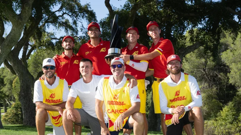 Abraham Ancer of Fireballs GC, Captain Sergio Garcia of Fireballs GC, Eugenio Chacarra of Fireballs GC, David Puig of Fireballs GC and their caddies, Neil Wallace, Alberto Sanchez, Xabier Gorospe and Benji Thompson pose with the trophy after the final round of LIV Golf Andalucía at Real Club Valderrama on Sunday, July 14, 2024 in San Roque, Spain. (Photo by Charles Laberge/LIV Golf)