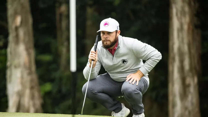 Tyrrell Hatton of Legion XIII reads his putt on the green during the final round of LIV Golf Hong Kong at the Hong Kong Golf Club Fanling on Sunday, March 10, 2024 in Fanling, Hong Kong. (Photo by Jon Ferrey/LIV Golf)