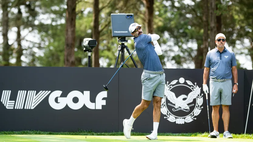 Cameron Tringale of HyFlyers GC hits his shot from the second tee during the practice round before the start of LIV Golf Virginia at Robert Trent Jones Golf Club on Tuesday, June 03, 2025 in Gainesville, Virginia. (Photo by Charles Laberge/LIV Golf)