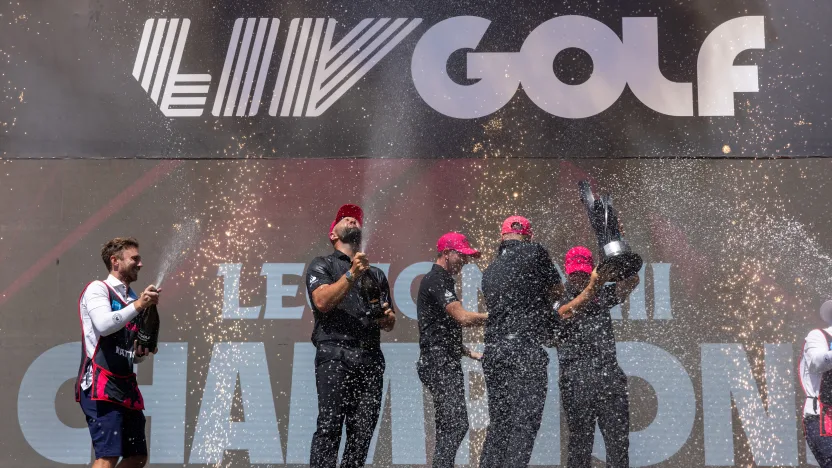 First place team champions Captain Jon Rahm, Tom McKibbin, Tyrrell Hatton and Caleb Surratt of Legion XIII celebrate during the trophy ceremony after the final round of LIV Golf Andalucía at Real Club Valderrama on Sunday, July 13, 2025 in San Roque, Spain. (Photo by Chris Trotman/LIV Golf)