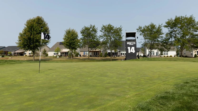 A general view of the 14th hole during the practice round before the start of LIV Golf Chicago at Bolingbrook Golf Club on Tuesday, September 10, 2024 in Bolingbrook, Illinois. (Photo by Jon Ferrey/LIV Golf)