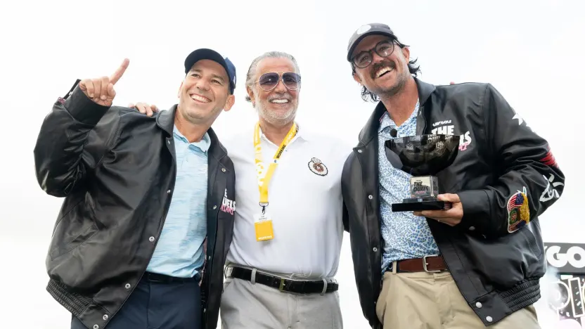 Captain Sergio Garcia of Fireballs GC, fashion designer, Jeff Hamilton, and content creator, George Bryan, are seen with The Duels trophy after winning first place in The Duels before the start of LIV Golf Miami at Trump National Doral on Thursday, April 03, 2025 in Miami, Florida. (Photo by Charles Laberge/LIV Golf)
