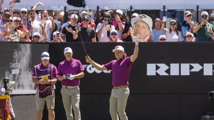 Captain Cameron Smith of Ripper GC reacts to his shot on the 12th tee during the final round of LIV Golf Adelaide at Grange Golf Club on Sunday, February 16, 2025 in Adelaide, Australia. (Photo by LIV Golf)