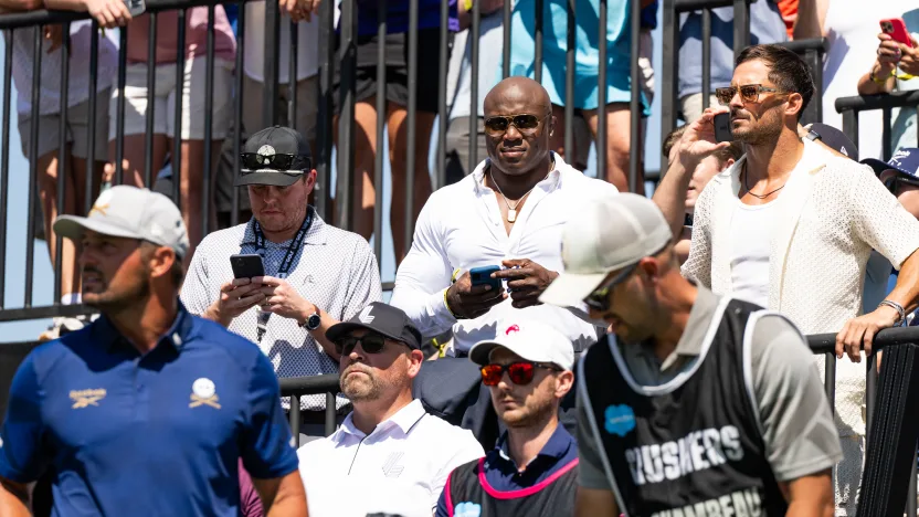Former WWE wrestler Bobby Lashley is seen on the first hole with Captain Bryson DeChambeau of Crushers GC during the first round of LIV Golf Dallas at Maridoe Golf Club on Friday, June 27, 2025 in Carrollton, Texas. (Photo by Montana Pritchard/LIV Golf)