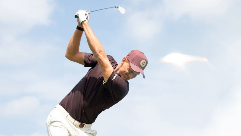 Adrian Meronk of Cleeks GC hits his shot on the driving range before the first round of LIV Golf United Kingdom at JCB Golf & Country Club on Friday, July 25, 2025 in Rocester, England. (Photo by Mateo Villalba/LIV Golf)
