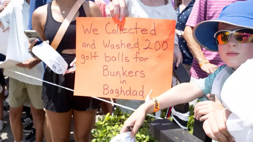 Signage for HyFlyers GC Bunkers in Baghdad donation is seen during the final round of LIV Golf Nashville at The Grove on Sunday, June 23, 2024 in College Grove, Tennessee. (Photo by Charles Laberge/LIV Golf)