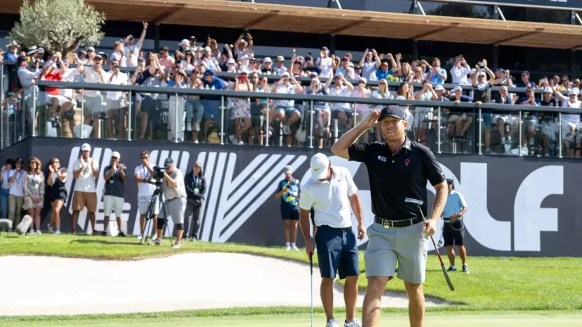 Talor Gooch of RangeGoats GC celebrates winning on the 18th green during the final round of LIV Golf Andalucía at the Real Club Valderrama on Sunday, July 02, 2023 in San Roque, Spain. (Photo by Charles Laberge/LIV Golf)