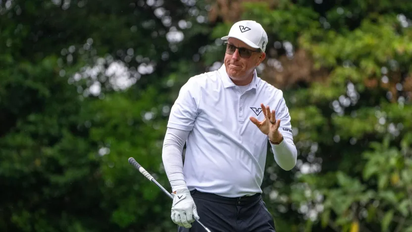 Captain Phil Mickelson of HyFlyers GC acknowledges the gallery on the fifth tee during the second round of LIV Golf Hong Kong at the Hong Kong Golf Club Fanling on Saturday, March 09, 2024 in Fanling, Hong Kong. (Photo by Mike Stobe/LIV Golf)