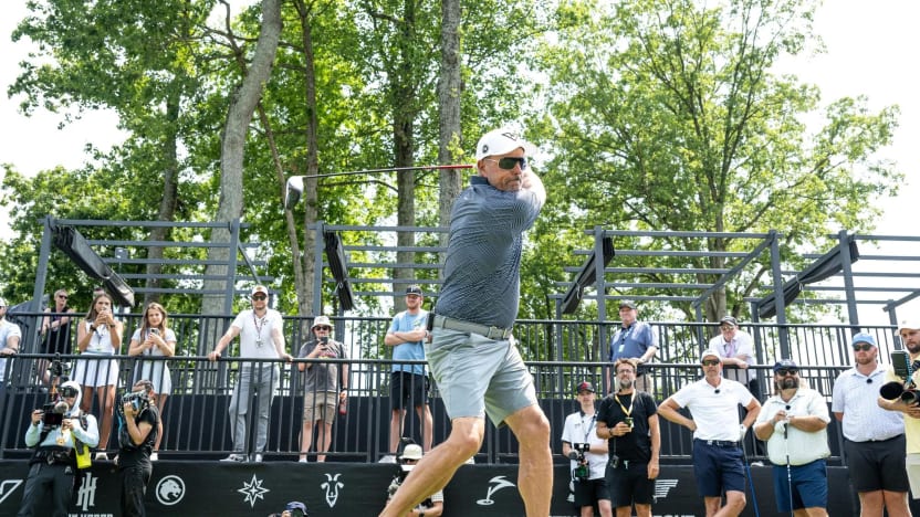 Captain Phil Mickelson of HyFlyers GC hits his shot from the first tee  during the Duels Virginia before the start of LIV Golf Virginia at Robert Trent Jones Golf Club on Tuesday, June 03, 2025 in Gainesville, Virginia. (Photo by Charles Laberge/LIV Golf)