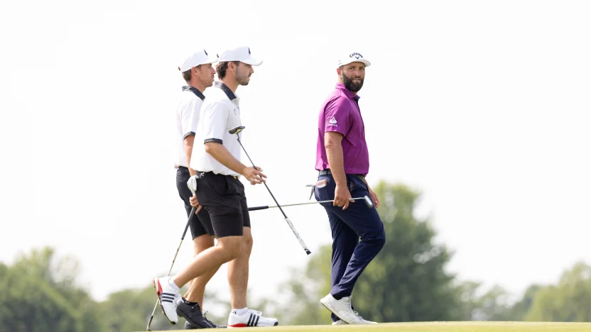 Captain Jon Rahm of Legion XIII is seen with David Puig and Josele Ballester of Fireballs GC during the practice round before the start of LIV Golf Chicago at Bolingbrook Golf Club on Tuesday, August 05, 2025 in Bolingbrook, Illinois. (Photo by Chris Trotman/LIV Golf)