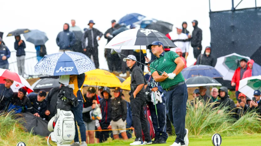 Patrick Reed of 4Aces GC hits his shot from the ninth tee during the first round of The Open Championship at Royal Portrush Golf Club on Thursday, July 17, 2025 in Portrush, Northern Ireland. (Photo by Chris Trotman/LIV Golf)