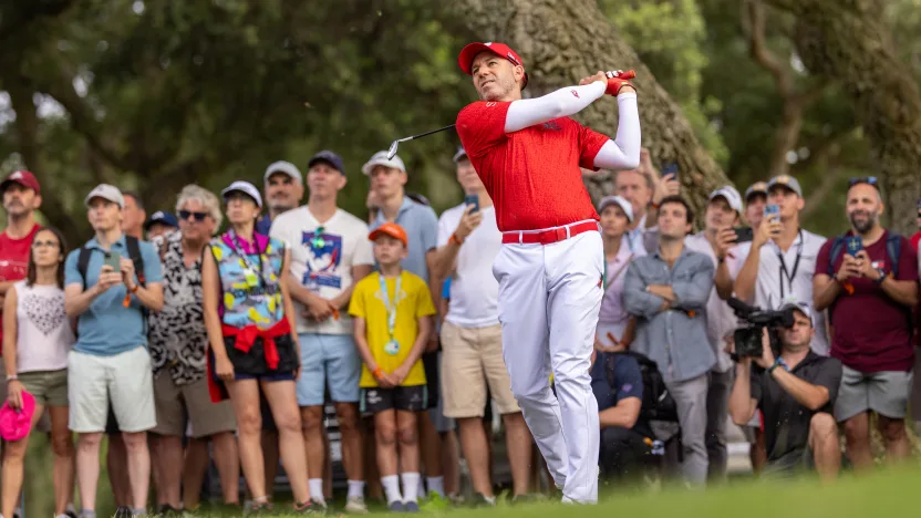 Captain Sergio Garcia of Fireballs GC hits his shot on the 18th hole during the first round of LIV Golf Andalucía at Real Club Valderrama on Saturday, July 12, 2025 in San Roque, Spain. (Photo by Chris Trotman/LIV Golf)