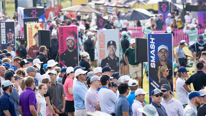 Fans gather around the driving range before the final round of LIV Golf Chicago at Bolingbrook Golf Club on Sunday, August 10, 2025 in Bolingbrook, Illinois. (Photo by Jon Ferrey/LIV Golf)
