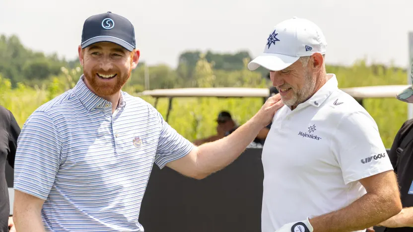 A behind the scenes view as No Bad Lies Podcast host, Andrew Santino, interviews Co-Captain Lee Westwood of Majesticks GC before the practice round before the start of LIV Golf Chicago at Bolingbrook Golf Club on Tuesday, August 05, 2025 in Bolingbrook, Illinois. (Photo by Jon Ferrey/LIV Golf)