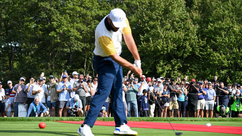 Fans watch as Jon Rahm of Team Europe hits his shot during the Ryder Cup at Bethpage Black Golf Course on Tuesday, September 23, 2025 in Farmingdale, New York. (Photo by Charles Laberge/LIV Golf)