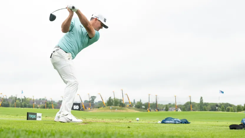 Mito Pereira of Torque GC hits his shot on the driving range during the practice round before the start of LIV Golf United Kingdom by JCB at JCB Golf & Country Club on Tuesday, July 22, 2025 in Rocester, England. (Photo by Charles Laberge/LIV Golf)