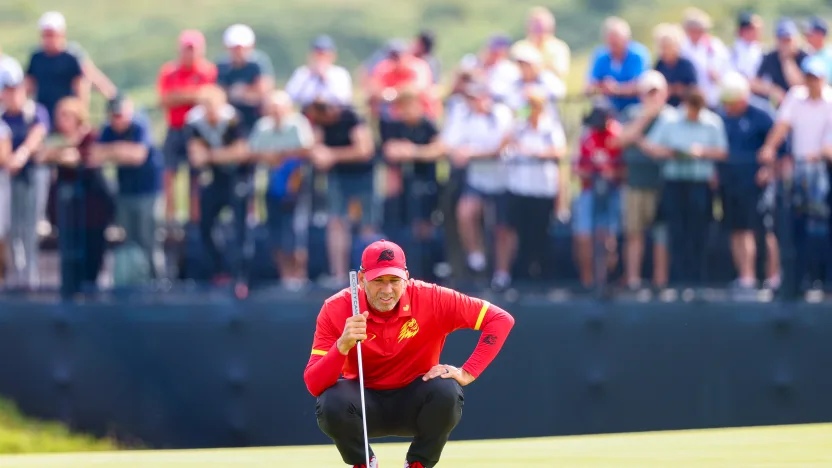 Captain Sergio Garcia of Fireballs GC lines up a putt on the sixth green during the final round of The Open Championship at Royal Portrush Golf Club on Sunday, July 20, 2025 in Portrush, Northern Ireland. (Photo by Chris Trotman/LIV Golf)