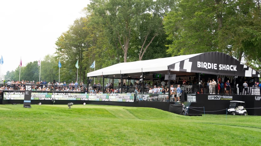 Fans are seen inside the Birdie Shack on the 15th tee during the semifinals of LIV Golf Team Championship Michigan at The Cardinal at Saint John’s on Saturday, August 23, 2025 in Plymouth, MIchigan. (Photo by Mateo Villalba/LIV Golf)