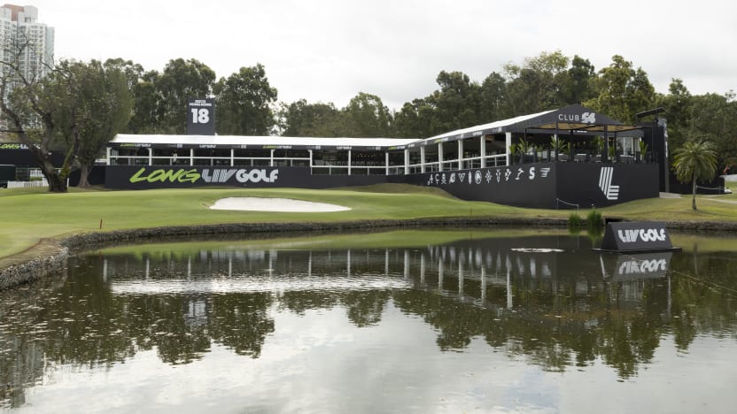 A general view of Club 54 on the 18th green during the practice round before the start of LIV Golf Hong Kong at the Hong Kong Golf Club Fanling on Monday, March 3rd, 2025 in Fanling, Hong Kong. (Photo by Jon Ferrey/LIV Golf)