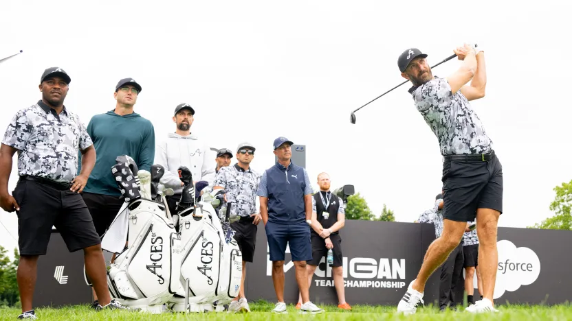 Captain Dustin Johnson of 4Aces GC hits his shot from the 18th tee during the practice round before the start of LIV Golf Team Championship Michigan at The Cardinal at Saint John’s on Wednesday, August 20, 2025 in Plymouth, MIchigan. (Photo by Charles Laberge/LIV Golf)