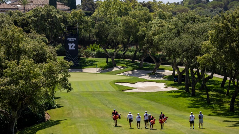 Captain Sergio Garcia of Fireballs GC, caddie, Neil Wallace, Abraham Ancer of Fireballs GC, caddie, Ramon Bescansa,, David Puig of Fireballs GC, caddie, Alberto Sanchez, Josele Ballester of Fireballs GC caddie, Javier Erviti, are seen walking on the 11th hole during the practice round before the start of LIV Golf Andalucía at Real Club Valderrama on Tuesday, July 08, 2025 in San Roque, Spain. (Photo by Jon Ferrey/LIV Golf)
