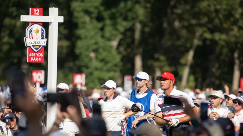 Bryson DeChambeau of Team USA watches his shot from the 12th tee during the singles match play of the Ryder Cup at Bethpage Black Golf Course on Sunday, September 28, 2025 in Farmingdale, New York. (Photo by Charles Laberge/LIV Golf)