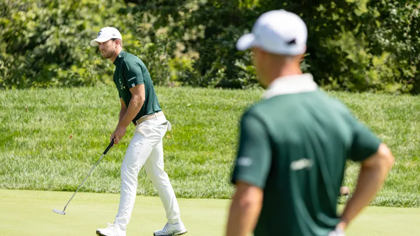 Frederik Kjettrup of Cleeks GC reacts to his putt on the seventh green during the quarterfinals of LIV Golf Team Championship Michigan at The Cardinal at Saint John’s on Friday, August 22, 2025 in Plymouth, MIchigan. (Photo by Jon Ferrey/LIV Golf)