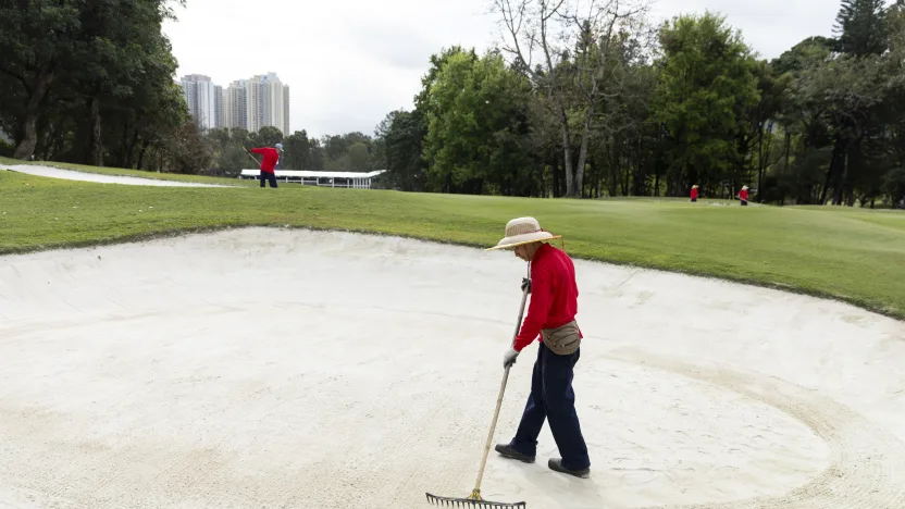 Groundskeepers are seen during the practice round before the start of LIV Golf Hong Kong at the Hong Kong Golf Club Fanling on Monday, March 3rd, 2025 in Fanling, Hong Kong. (Photo by Jon Ferrey/LIV Golf)