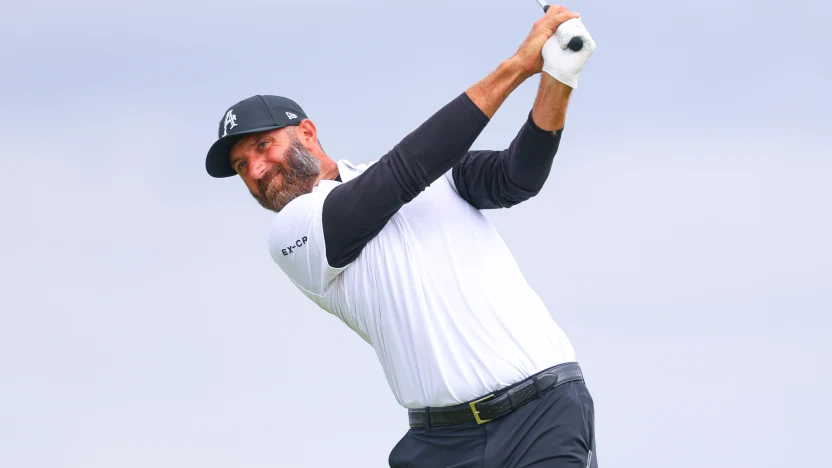 Captain Dustin Johnson of 4Aces GC hits his shot from the sixth tee during the third round of The Open Championship at Royal Portrush Golf Club on Saturday, July 19, 2025 in Portrush, Northern Ireland. (Photo by Chris Trotman/LIV Golf)