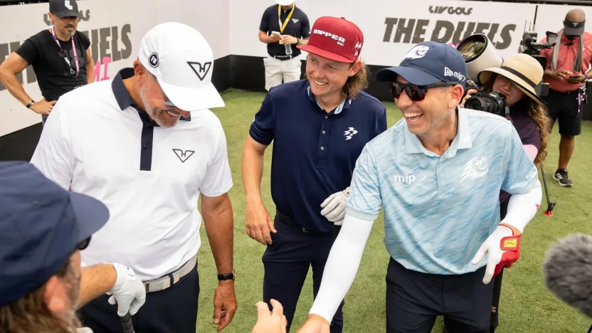 Captain Phil Mickelson of HyFlyers GC, Captain Cameron Smith of Ripper GC and Captain Sergio Garcia of Fireballs GC are seen during The Duels before the start of LIV Golf Miami at Trump National Doral on Thursday, April 03, 2025 in Miami, Florida. (Photo by Charles Laberge/LIV Golf)