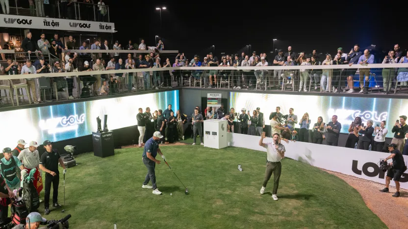 LIV Golf Announcer, Jason Zone Fisher, and Captain Jon Rahm of Legion XIII are seen on the first tee during the first round of LIV Golf Riyadh at Riyadh Golf Club on Thursday, February 06, 2025 in Riyadh, Saudi Arabia. (Photo by Montana Pritchard/LIV Golf)