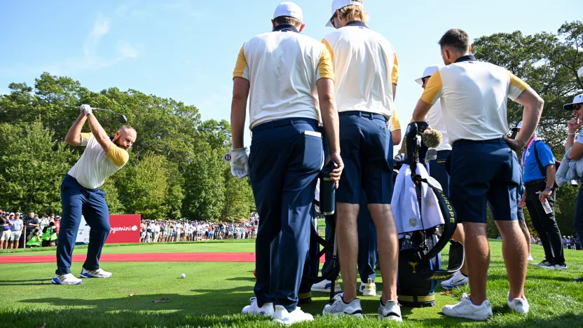 Tyrrell Hatton of Team Europe hits his shot during the Ryder Cup at Bethpage Black Golf Course on Tuesday, September 23, 2025 in Farmingdale, New York. (Photo by Charles Laberge/LIV Golf)
